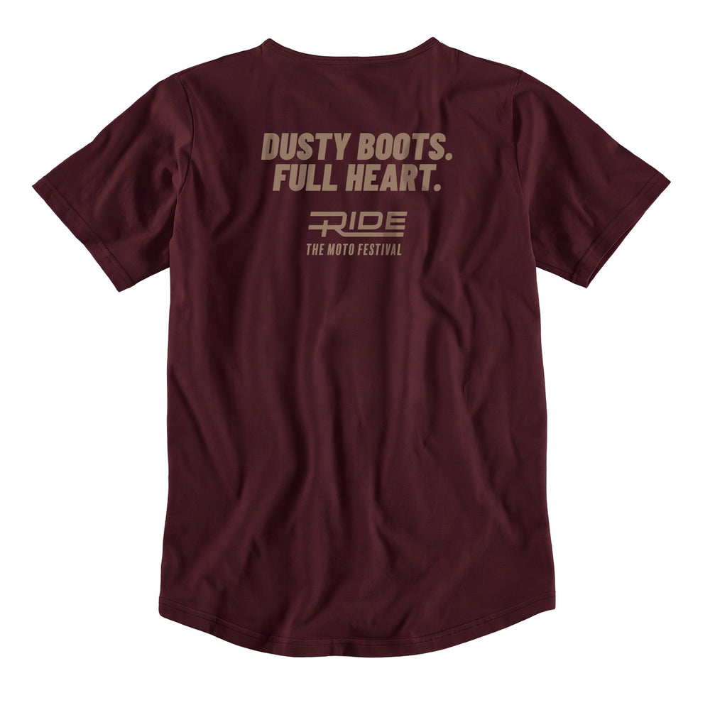 RIDE T-Shirt "Dusty Boots. Full Heart." — Oxblood