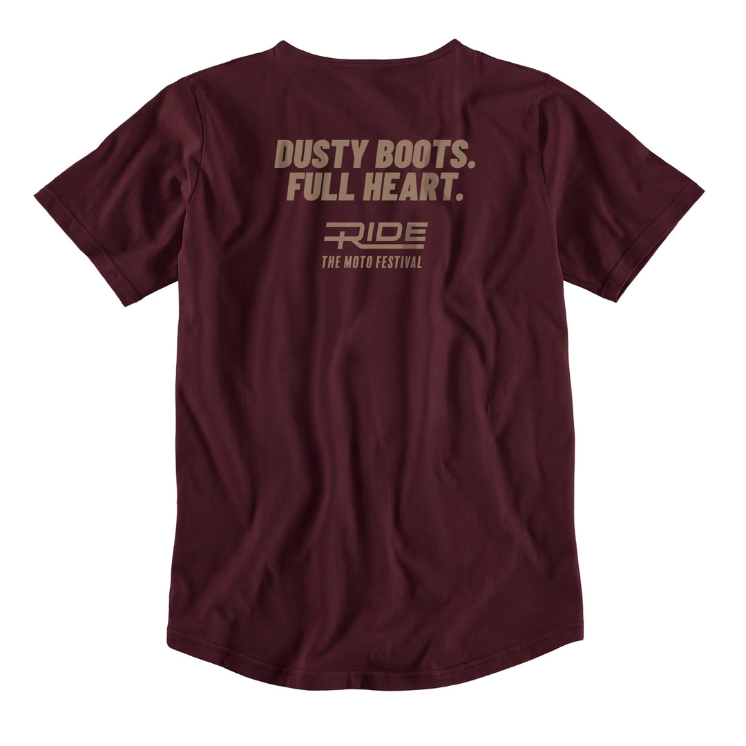 RIDE T-Shirt "Dusty Boots. Full Heart." — Oxblood