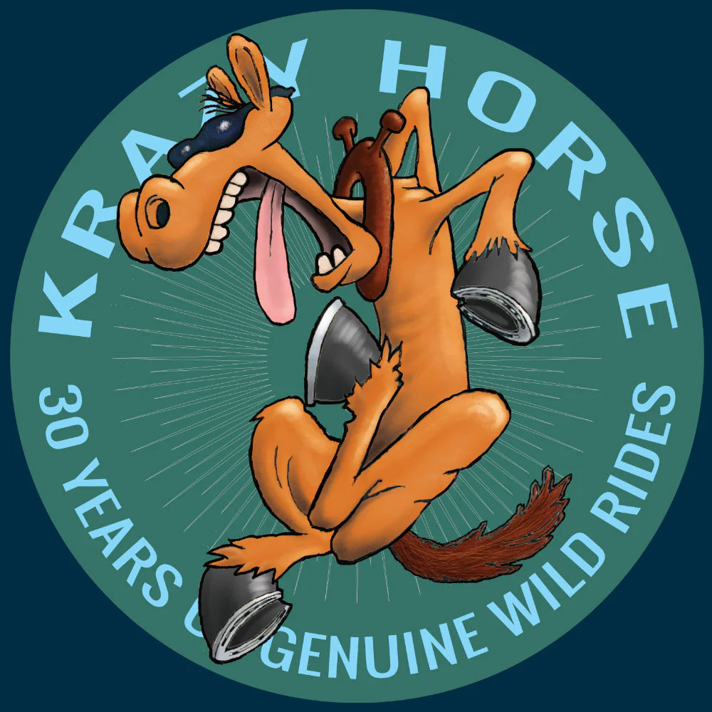 Cartoon horse logo with text 'Krazy Horse' and 'Happy Birthday to Us!' on a motorcycle-themed background.